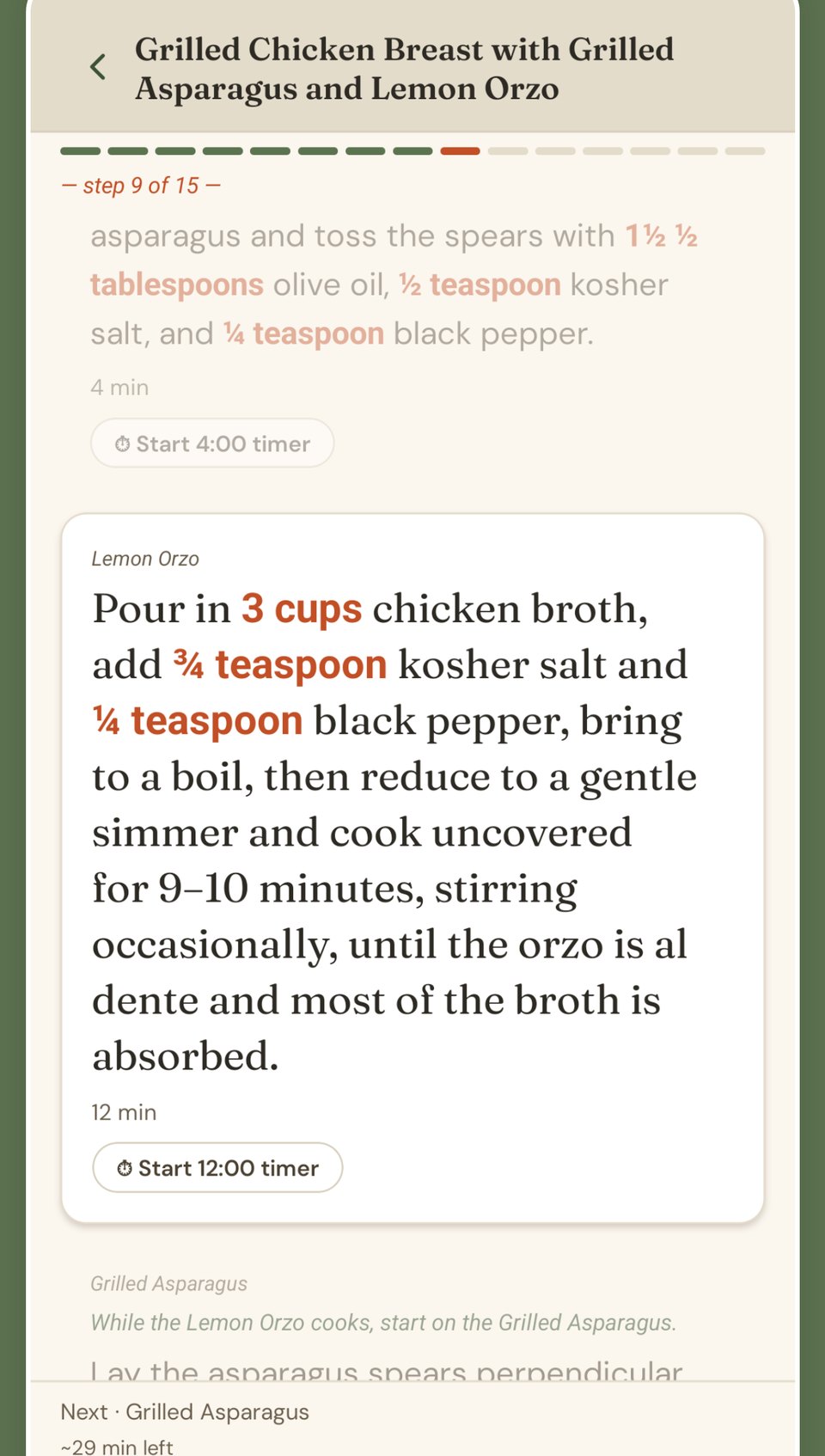 Kiwi’s cooking screen: one big step at a time with quantities highlighted and a built-in timer.
