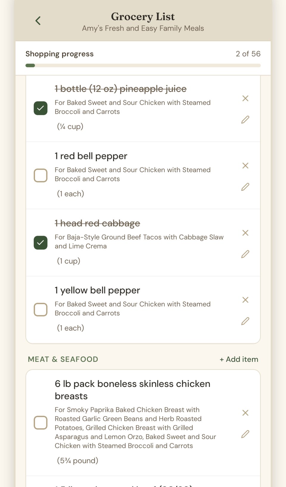Kiwi’s Grocery List screen: items grouped by aisle with a shopping-progress bar, checked off as you shop.