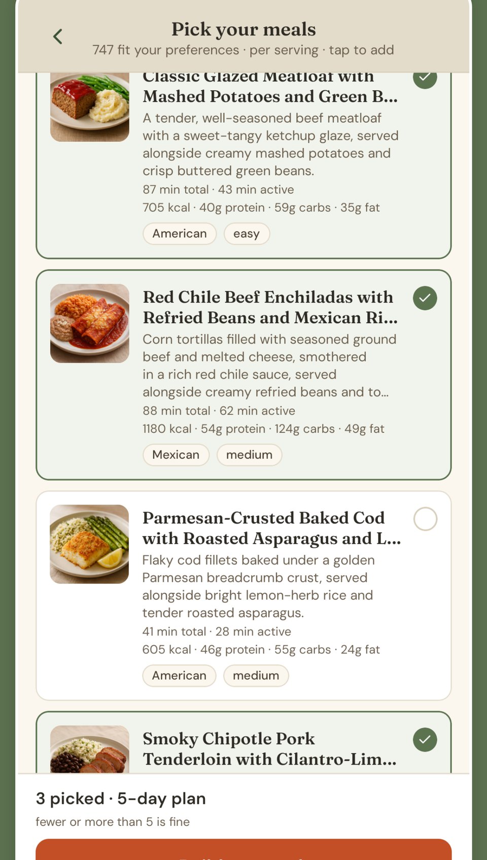 Kiwi’s Pick your meals screen: a list of meals that fit your preferences, each with a photo, time, macros and a tap-to-add circle.
